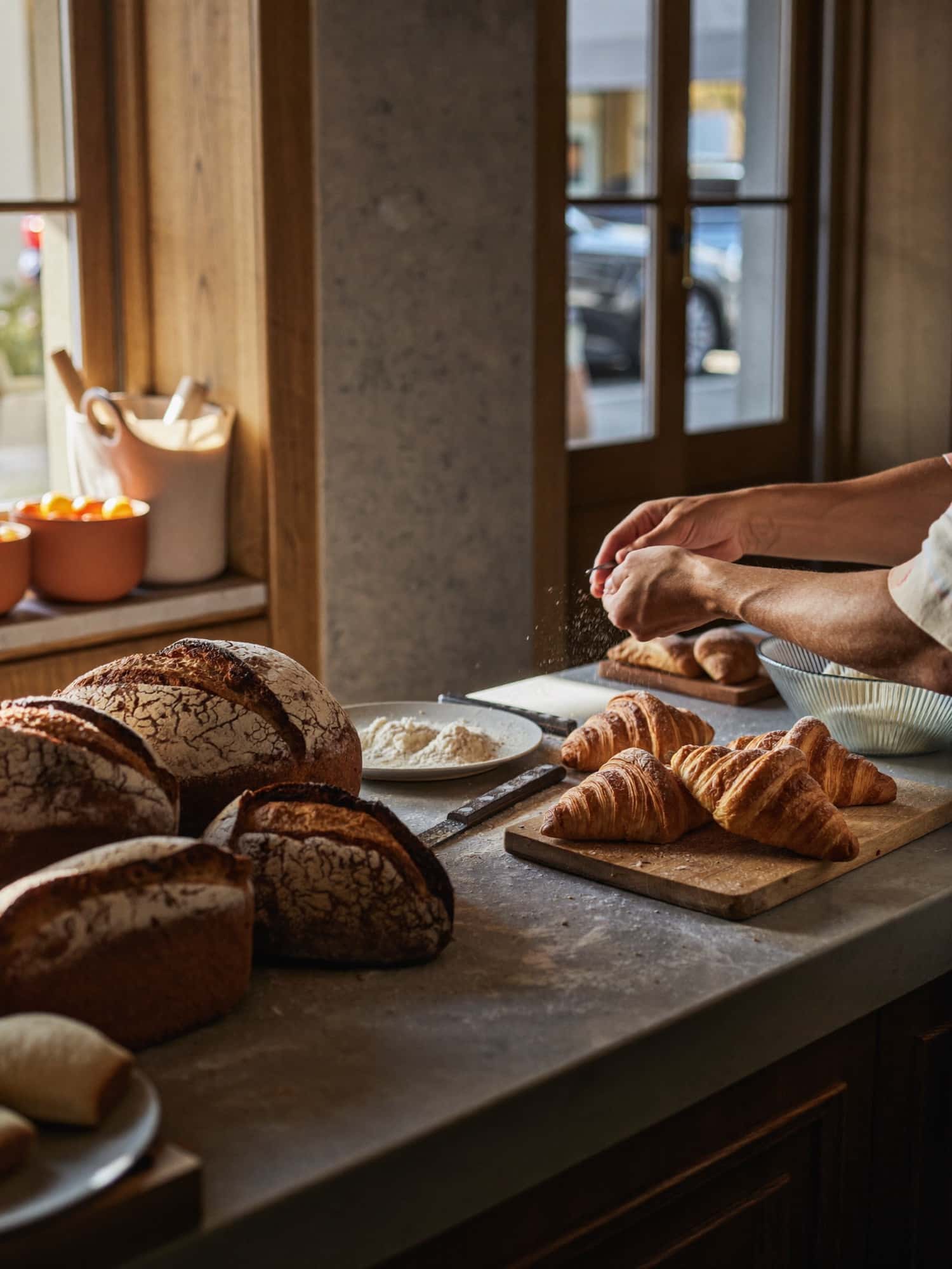 Fresh sourdough loaves and croissants on a bakery counter in warm morning light