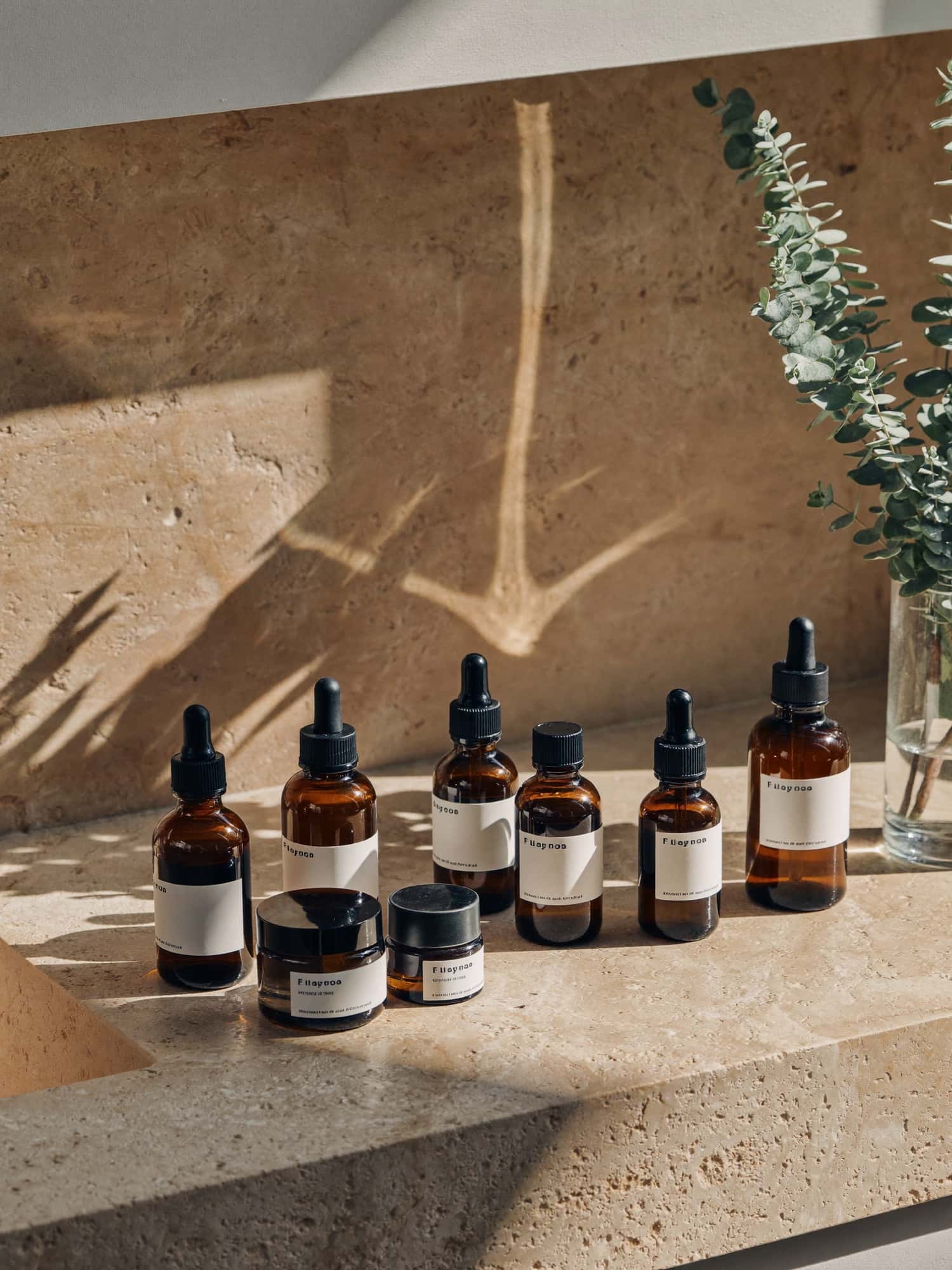 Amber glass skincare bottles and jars arranged on a sunlit stone shelf beside eucalyptus leaves