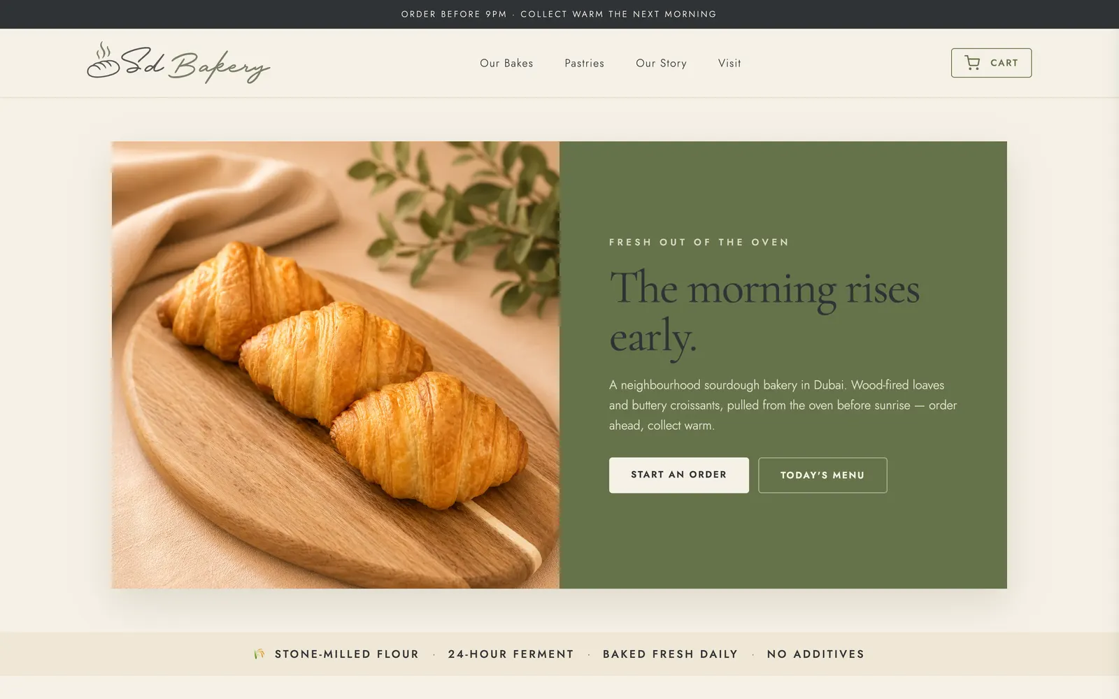 The SD Bakery storefront home page, showing a product grid of breads and pastries with prices