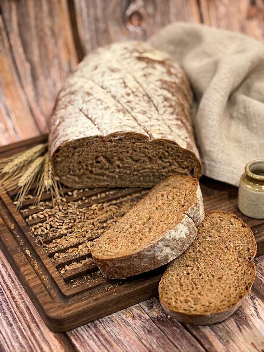 A sliced wholemeal loaf of bread on a wooden board, with wheat ears and a linen cloth alongside it