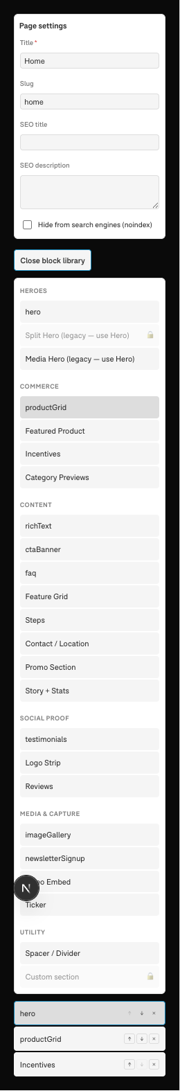 The block library open in the builder's left pane, listing blocks under Heroes, Commerce, Content, Social proof, Media & capture and Utility, with locked blocks marked by a padlock