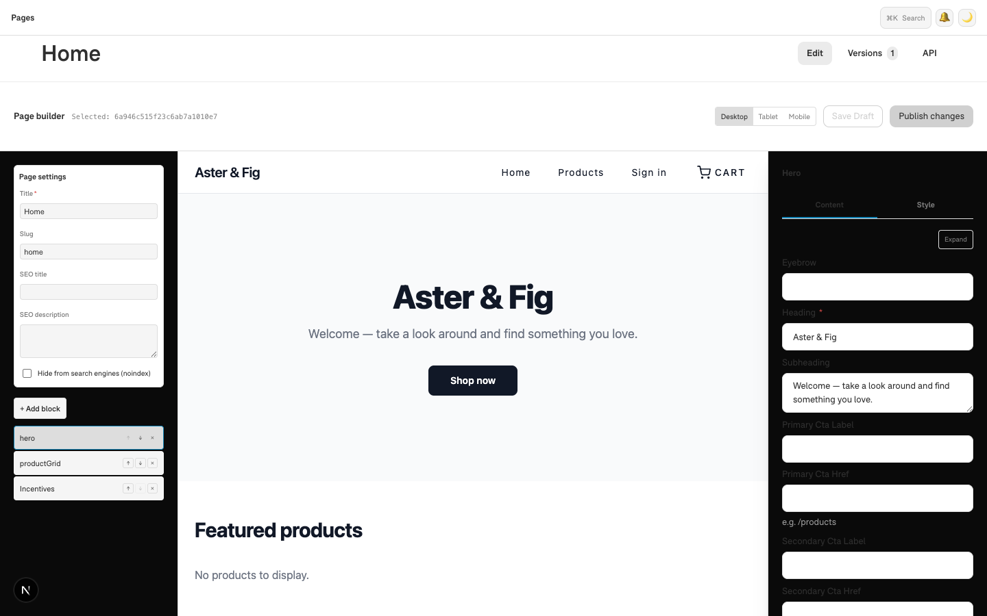 The Niblr page builder: page settings and the section outline on the left, the live storefront in the middle, and the selected Hero's Content fields in the inspector on the right